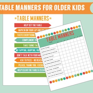 Table Manners for older kids set of 2 digital printables kids chart printable kids learning printable poster and reward chart set of 2