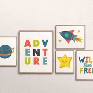 Boys Gallery Wall Set of 5 Space Adventure Digital Art Prints Instant Download Boys Nursery Toddler Boys room printable 5x7/8x10/11x14/16x20