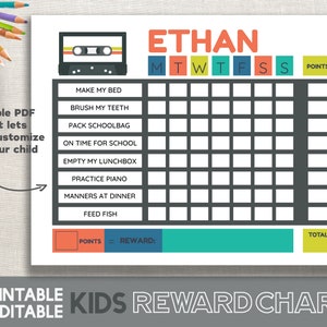 Beloningsgrafiek Afdrukbare Boy Chore Chart Bewerkbare invulbare PDF Kindergrafiek Retro Cassette Tape Chore Chart preteen beloningsgrafiek Afdrukbare PDF