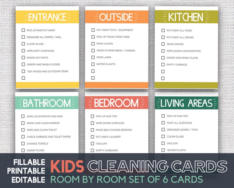 Cleaning Cards Kids Cleaning Cards Printable Chore Cards Room Etsy