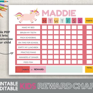 May include: A printable pink and white reward chart with a unicorn illustration. The chart is designed for a child named Maddie and includes a grid for tracking daily tasks and points earned. The chart also includes a section for a reward.