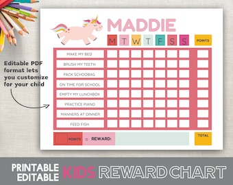 Tableau de récompense imprimable Unicorn Fillable Editable Girl Reward Chart Tableau de corvée rose Tableau de comportement Tableau de routine Taille 8,5 x 11 imprimable