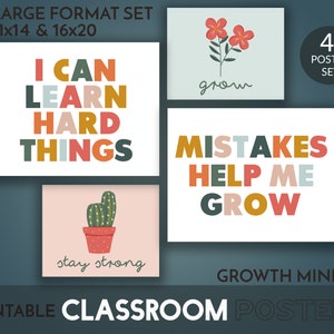 Classroom Posters Printable Set of 4 Growth Mindset Digital Art Prints large format 11x14 and 16x20 size - classroom decor instant download