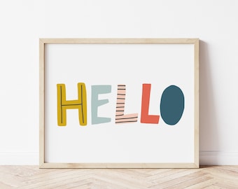 Hallo Kids Afdrukbare kunst - Hello Art Print - Kleurrijke Hallo Afdrukbare Meisjes Kamer Decor - Hallo kunst print - 3 maten inbegrepen 8x10/11x14/16x20
