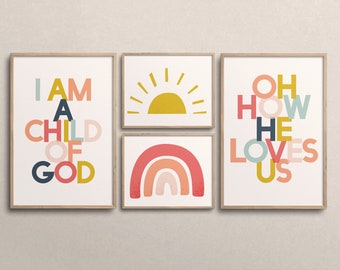 Arte de la escuela dominical grande - Conjunto de 4 impresiones de arte digital - Soy un hijo de Dios - Imprimibles en el aula de la iglesia - Descarga instantánea 24x36 y 16x20
