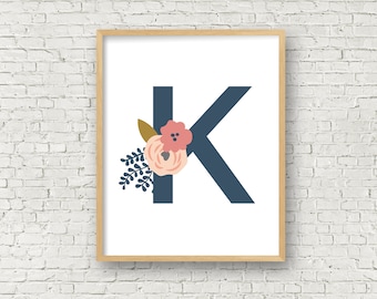 Letter K Floral Monogram Printable K 8x10 digital Art Print K Wall Art Printable Instant Download K Art Nursery Art Girls Nursery Wall Art