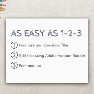 May include: A white card with black text that reads "AS EASY AS 1-2-3".  The card lists three steps: 1. Purchase and download files, 2. Edit files using Adobe Acrobat Reader, and 3. Print and use.