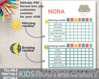 Routine Chart - Cute Cloud Planner Kids Schedule Kids Planner Behavior Chart for Kids Responsibility Chart 8.5x11 Editable PDF Chore Chart