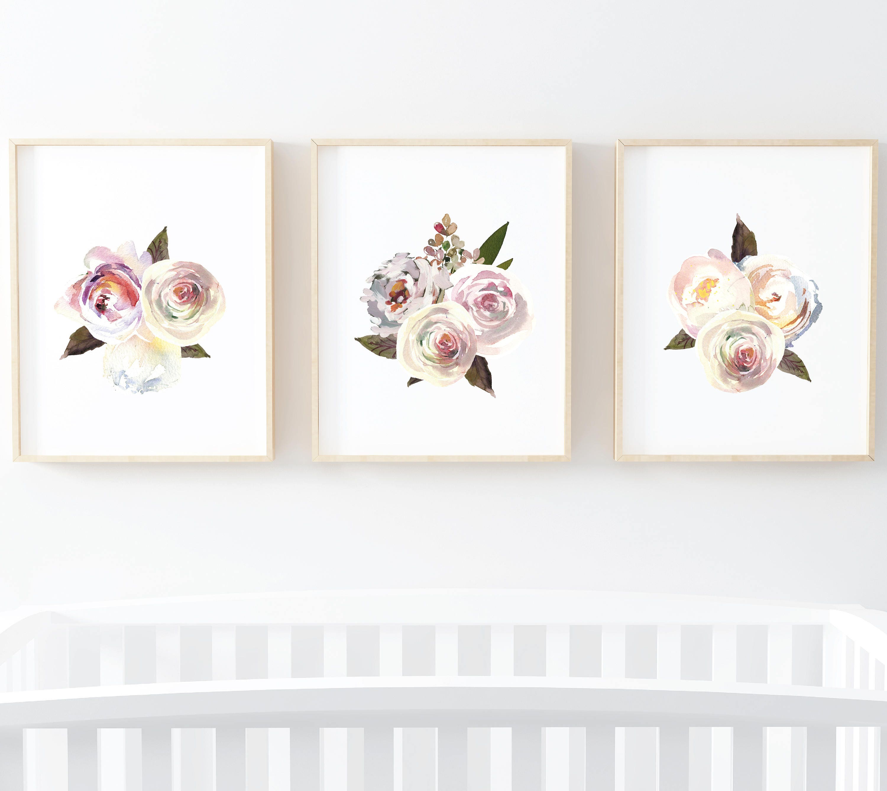 Floral Nursery Set of 3 - White Blush Light Pink Cream Floral Roses and ...