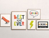 Boys Wall Art Set of 5 Gallery Wall Printables - cool kid - cassette print - skateboard print - set 5 kids printables - 5x7/8x10/11x14/16x20