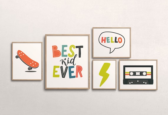 Boys Wall Art Set of 5 Gallery Wall Printables - cool kid - cassette print - skateboard print - set 5 kids printables - 5x7/8x10/11x14/16x20