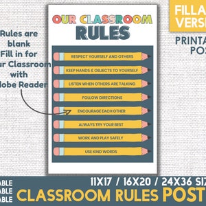 Classroom Rules Poster Printable - classroom wall art teacher PDF Editable instant download Class Rules 3 sizes included - 11x17/16x20/24x36