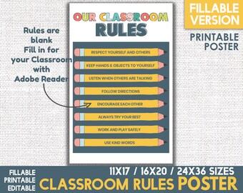 May include: A printable classroom rules poster with a blue background and yellow, pink, and green pencil illustrations. The poster has the text "Our Classroom Rules" at the top and lists rules such as "Respect yourself and others" and "Encourage each other".