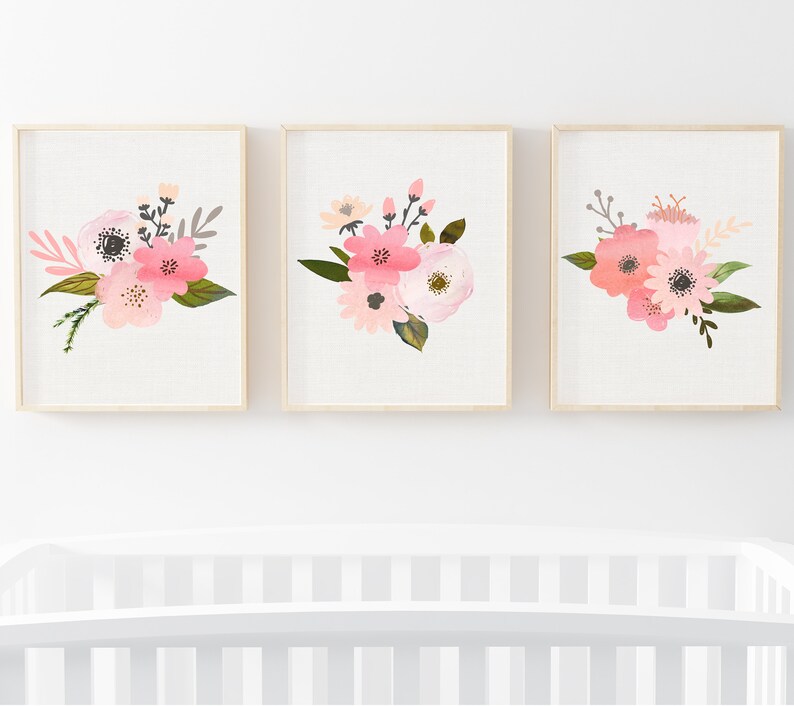 Floral Nursery Art Printable Girl Floral Set of 3 Nursery Etsy Canada