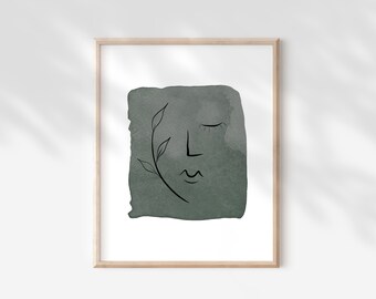 Green watercolor line drawing face printable - modern minimalist art print - digital art print - 11x14/16x20/18x24
