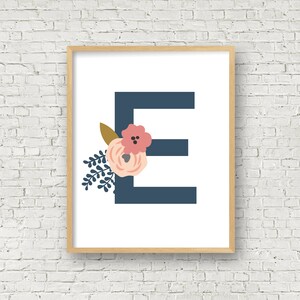 Monogram E Printable Wall Art Girl Nursery Art E Floral Printable Instant download 8x10 digital art print floral initial E letter E art