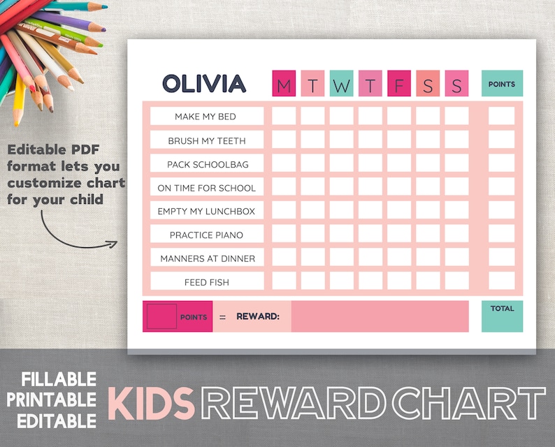 Printable Reward Chart Pink Chore Chart Editable Fillable | Etsy