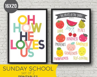 Arte de la Escuela Dominical - Conjunto de 2 Impresiones de Arte Digital - Imprimibles del aula de la Iglesia - fruto del espíritu y oh cómo nos ama 16x20/24x36 set