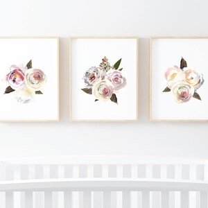 Floral Nursery Set of 3 - white blush light pink cream floral roses and flowers watercolor - set of 3 floral watercolor digital art prints