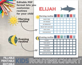 Routine Chart Shark Chore Chart Kids Planner Chart Home School Schedule Printable PDF File Editable Kids Chore Chart Child Schedule Planner