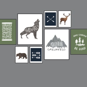Boys Room Decor Nature Gallery Wall set of 8 Digital Art Prints Wild and Free Adventure Awaits Bear Deer Antlers Arrows Courage Kind Brave