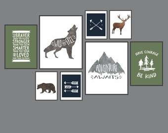 Boys Room Decor Nature Gallery Wall set of 8 Digital Art Prints Wild and Free Adventure Awaits Bear Deer Antlers Arrows Courage Kind Brave