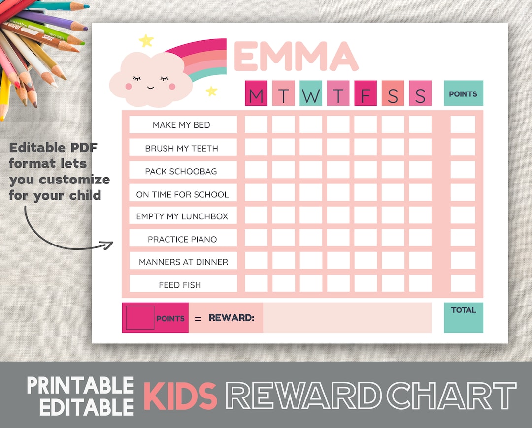 Reward Chart Girls Printable Chore Chart Rainbow Cloud Pink Routine ...