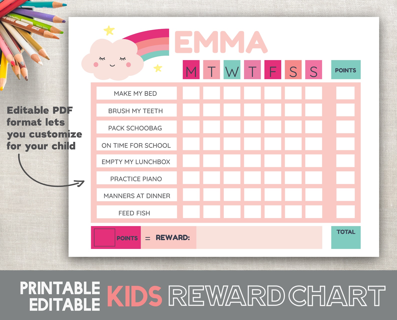 Reward Chart Girls Printable Chore Chart Rainbow Cloud Pink Routine ...