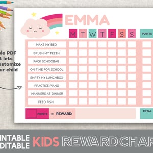 May include: A printable pink and white kids reward chart with a rainbow and a cloud. The chart has a space for a child's name, days of the week, and a list of chores with points for each. The chart also has a space for a total points earned and a reward.