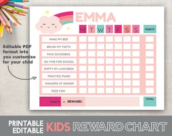 Récompense graphique filles imprimable corvée graphique arc-en-ciel nuage rose Routine graphique enfants 8,5 x 11 remplissable modifiable imprimable téléchargement instantané numérique