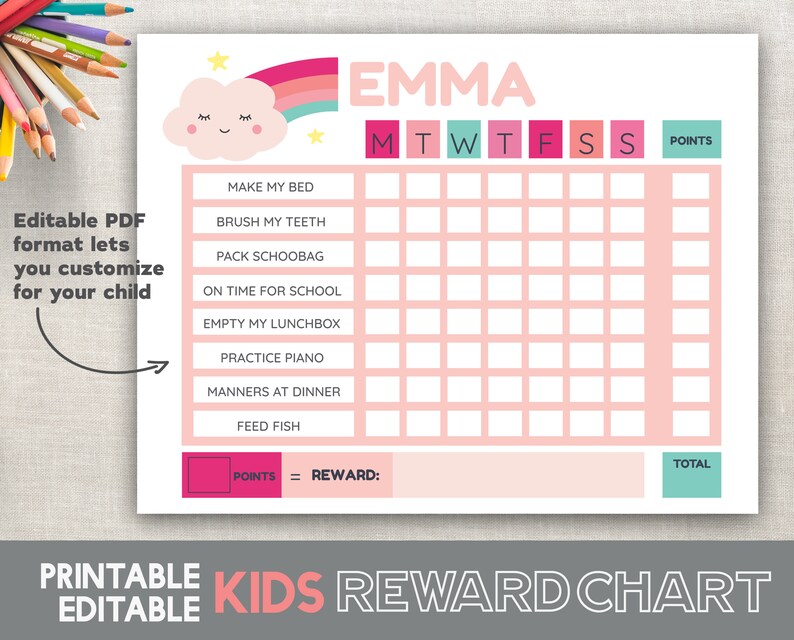 Reward Chart Girls Printable Chore Chart Rainbow Cloud Pink Routine ...