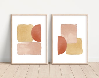 Minimalist neutral watercolor art printable Set of 2 digital art prints - pink/coral/gold watercolor modern abstract art 11x14/16x20/18x24