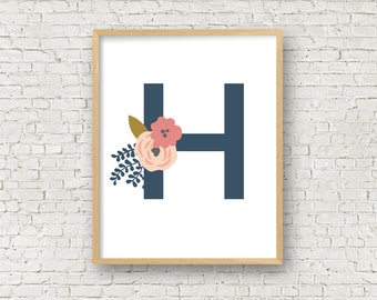 H Initial Art Print - H Monogram Printable Digital Art Print 8x10 - Letter H Nursery Printable - Pink Coral and Navy Digital Art Printable