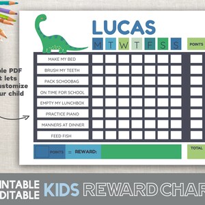 May include: A printable kids reward chart with a dinosaur illustration. The chart is designed for a child named Lucas and includes a grid for tracking daily tasks and points earned. The chart features a green, blue, and gray color scheme.