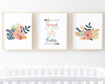May include: Three framed prints with floral designs and a quote that reads "Though she be but little she is fierce".