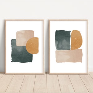 Minimalist neutral watercolor art printable Set of 2 digital art prints - green/beige/gold watercolor modern abstract art 11x14/16x20/18x24