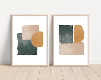 Minimalist neutral watercolor art printable Set of 2 digital art prints - green/beige/gold watercolor modern abstract art 11x14/16x20/18x24