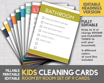 Cleaning Cards Kids Cleaning Cards - Fully Editable Version with Editable Headings Editable Rooms Printable Kids Chore Cards Set of 9 Files