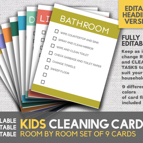 Cleaning Cards Kids Cleaning Cards - Fully Editable Version with Editable Headings Editable Rooms Printable Kids Chore Cards Set of 9 Files