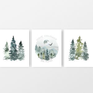 Boys Room Art Set of 3 Digital Art Prints Spruce Trees and Nature Watercolor Green and Mint Wall Art set Gallery Wall - 8x10 & 11x14 JPG set