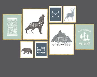 Boys Gallery Wall Set of 8 Mint and Navy Nature Adventure Digital Art Prints Instant Download Boys Nursery Toddler Boys room wall art set