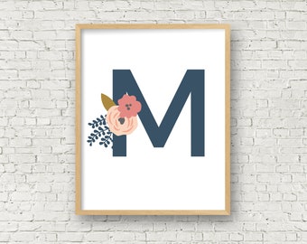 M Floral Letter Printable Art Print 8x10 Digital Art Print M Monogram Art M Initial Instant Download