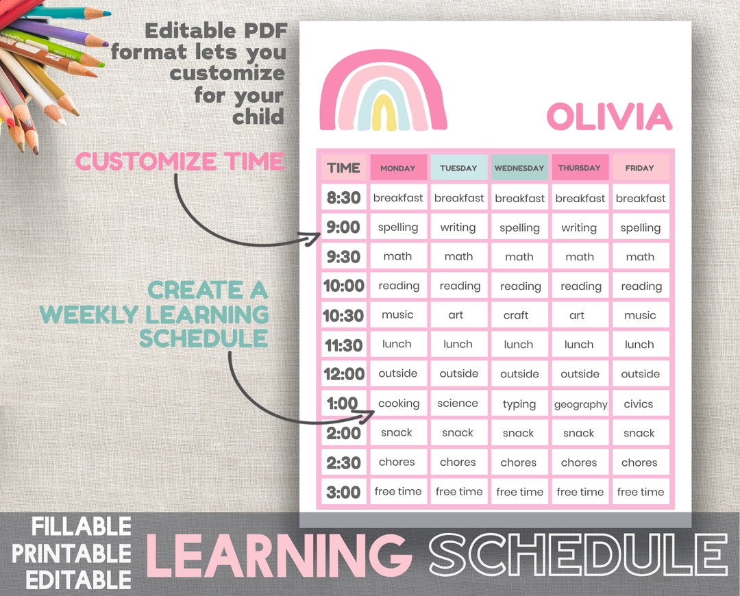 Daily Planner Kids Learning Schedule Editable Printable Template Hourly