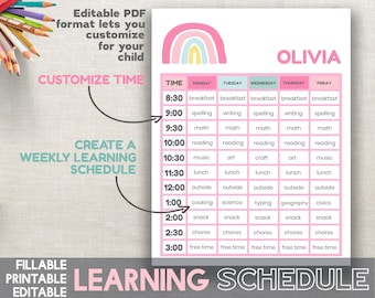 Daily Planner Kids Learning Schedule - Editable Printable Template - Hourly Kids Schedule - Home school Schedule - Girl Rainbow Chart PDF