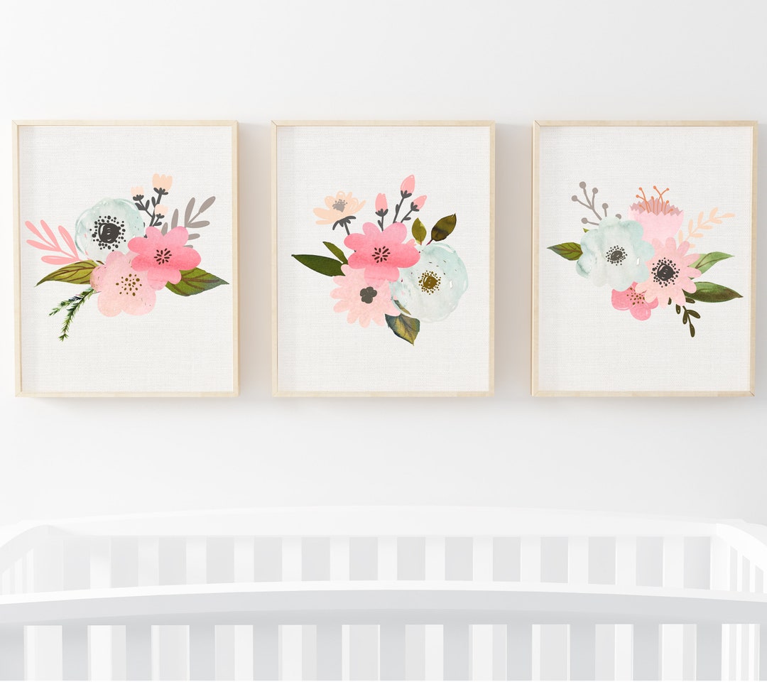 Mint and Coral Nursery Art Prints Floral Wall Art Watercolor Etsy Canada