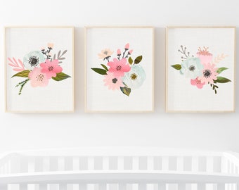 Mint and Coral Nursery Art Prints Floral Wall Art Watercolor Digital Art Prints Printable Set of 3 instant download 11x14 and 16x20 included