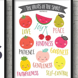 May include: A white background with a black frame and a colorful illustration of fruits with faces. The text "THE FRUITS OF THE SPIRIT" is at the top of the image. The text "GALATIANS 5:22" is below the title. The fruits are: love (tomato), joy (watermelon), peace (pear), kindness (cherries), patience (tomato), goodness (apple), gentleness (peach), faithfulness (pineapple), and self-control (lemon).
