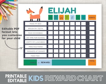 Reward Chart Printable Fox Woodland Boys Reward Chart Fillable Editable 8.5x11 PDF instant download chore chart behavior chart routine chart