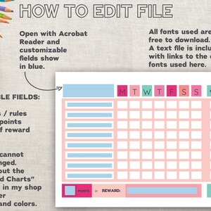 May include: A printable chore chart with a pink and blue color scheme. The chart has spaces for each day of the week, points earned, and a reward. The text "HOW TO EDIT FILE" is at the top of the chart.