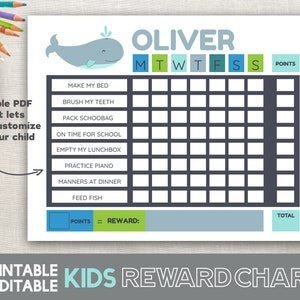 Reward Chart Printable Whale Chore Chart Nautical Art Boy Routine Chart Printable Fillable Editable 8.5x11 behavior chart instant download